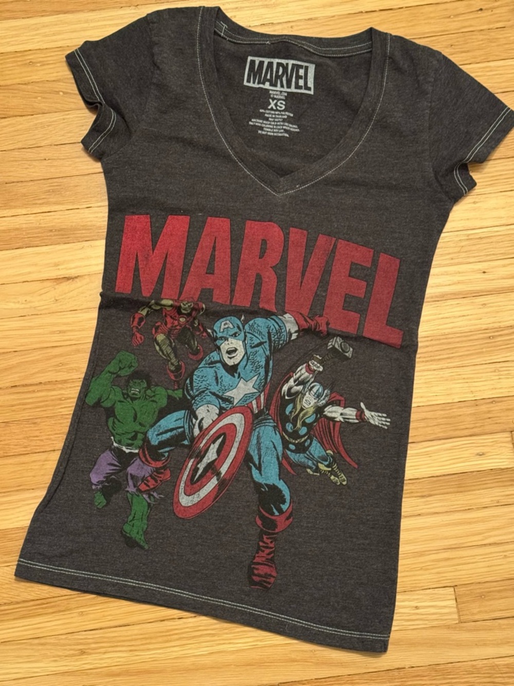 Marvel Charcoal V-Neck Superhero Graphic Tee - Red, Blue, Green